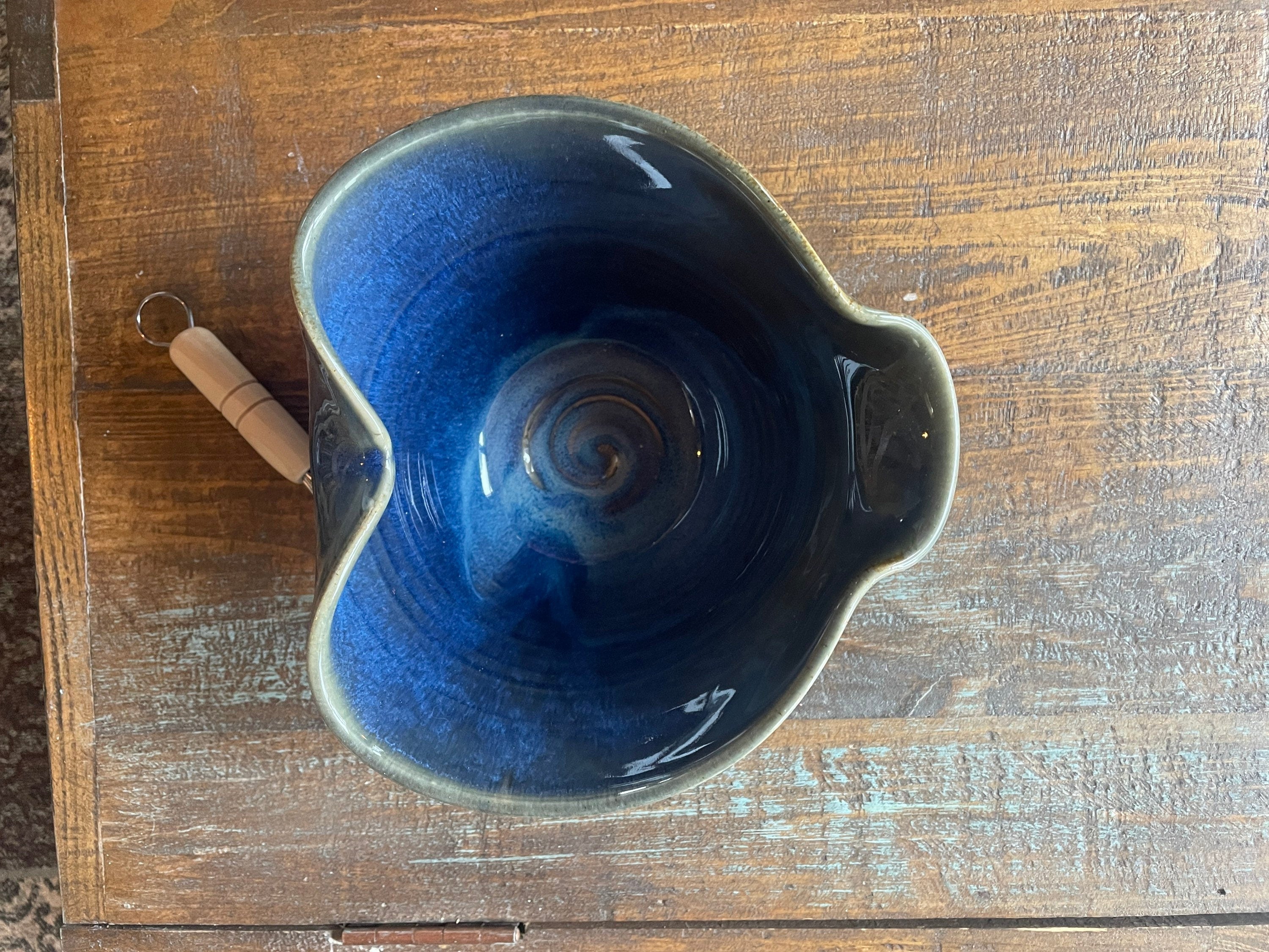 Blue pottery mixing bowl. Ergonomic pottery batter bowl. Gift for Chef. Gift set for Dad. Blue pancake bowl.Made in the USA.