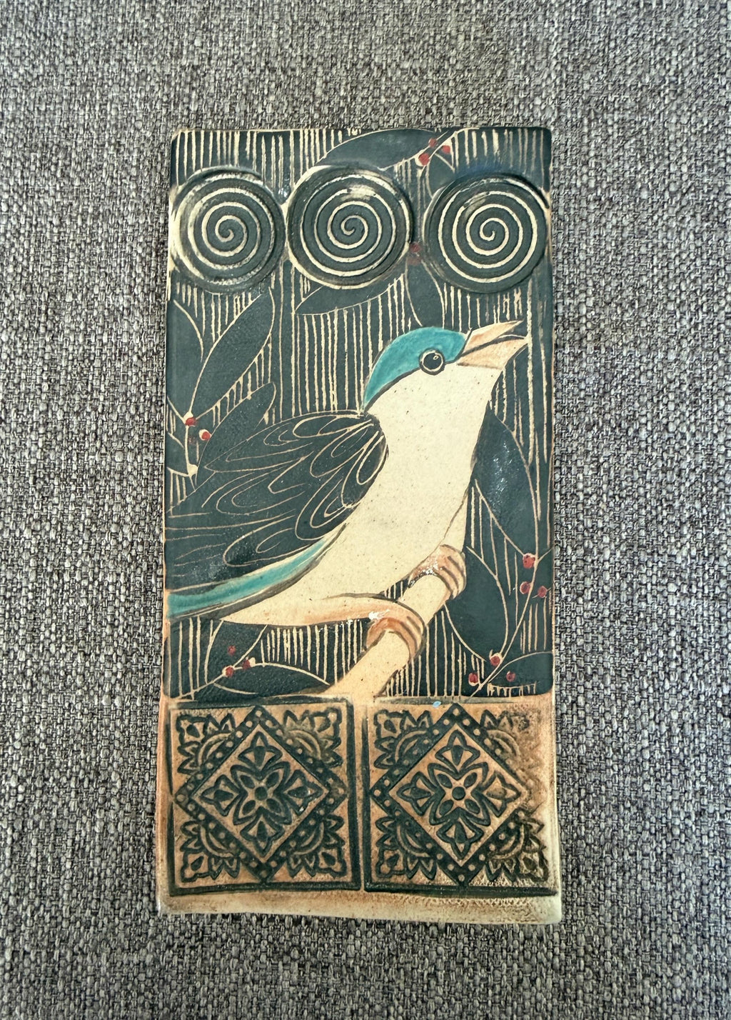 Handmade pottery bird  tile. Hand drawn, sgraffito carved. Ceramic Wall decor. 4 x 8 inch hand painted bird tile. One of a kind wall Art.