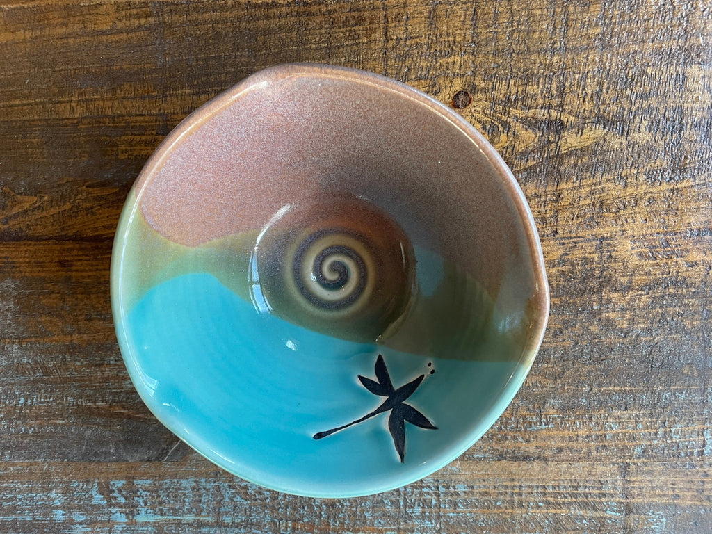 Handmade Pottery Bowl: Teal Dragonfly Ceramic Fruit Bowl