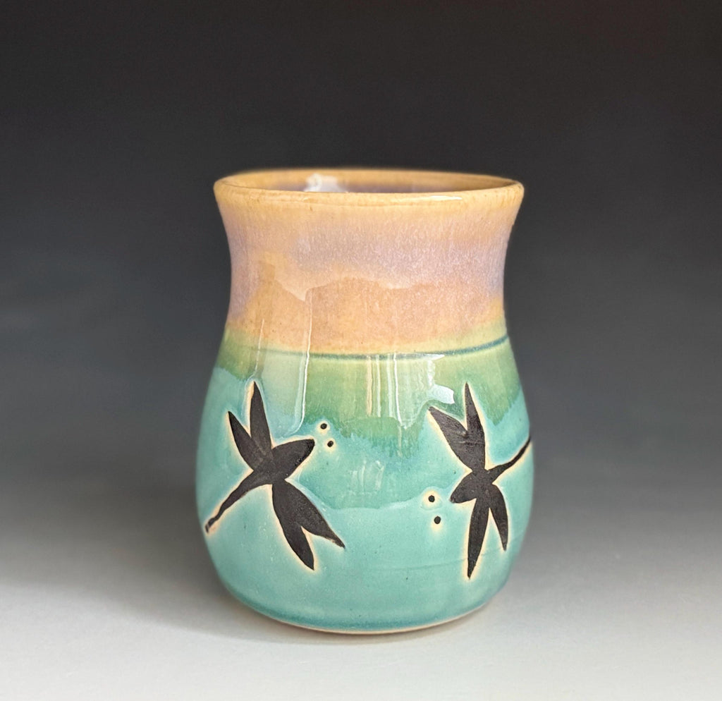 Handmade Dragonfly Pottery Vase: Blue Stoneware Bud Vase. Made In USA.