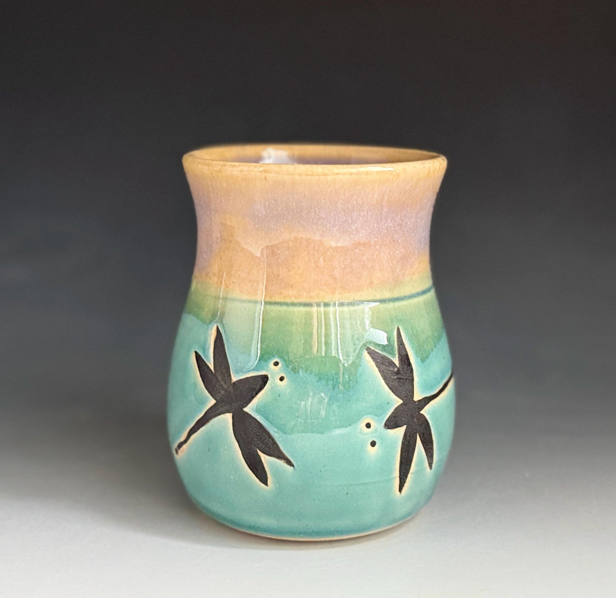 Handmade Dragonfly Pottery Vase: Blue Stoneware Bud Vase. Made In USA.