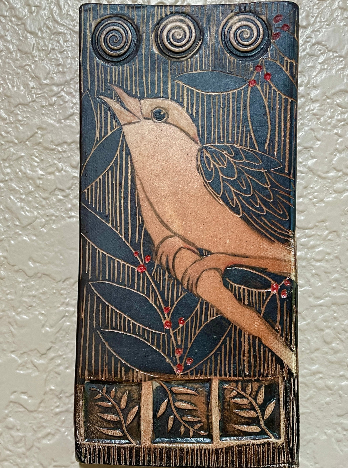 Handmade pottery bird  tile. Hand drawn, sgraffito carved. Ceramic Wall decor. 4 x 8 inch hand painted bird tile. One of a kind wall Art.