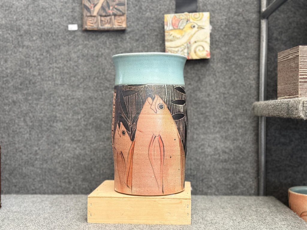 Large Art Nouveau fish vase. Sgraffito Art Deco 11 inch vase. Gift for Dad.Hand Painted pottery vase.Office decor.