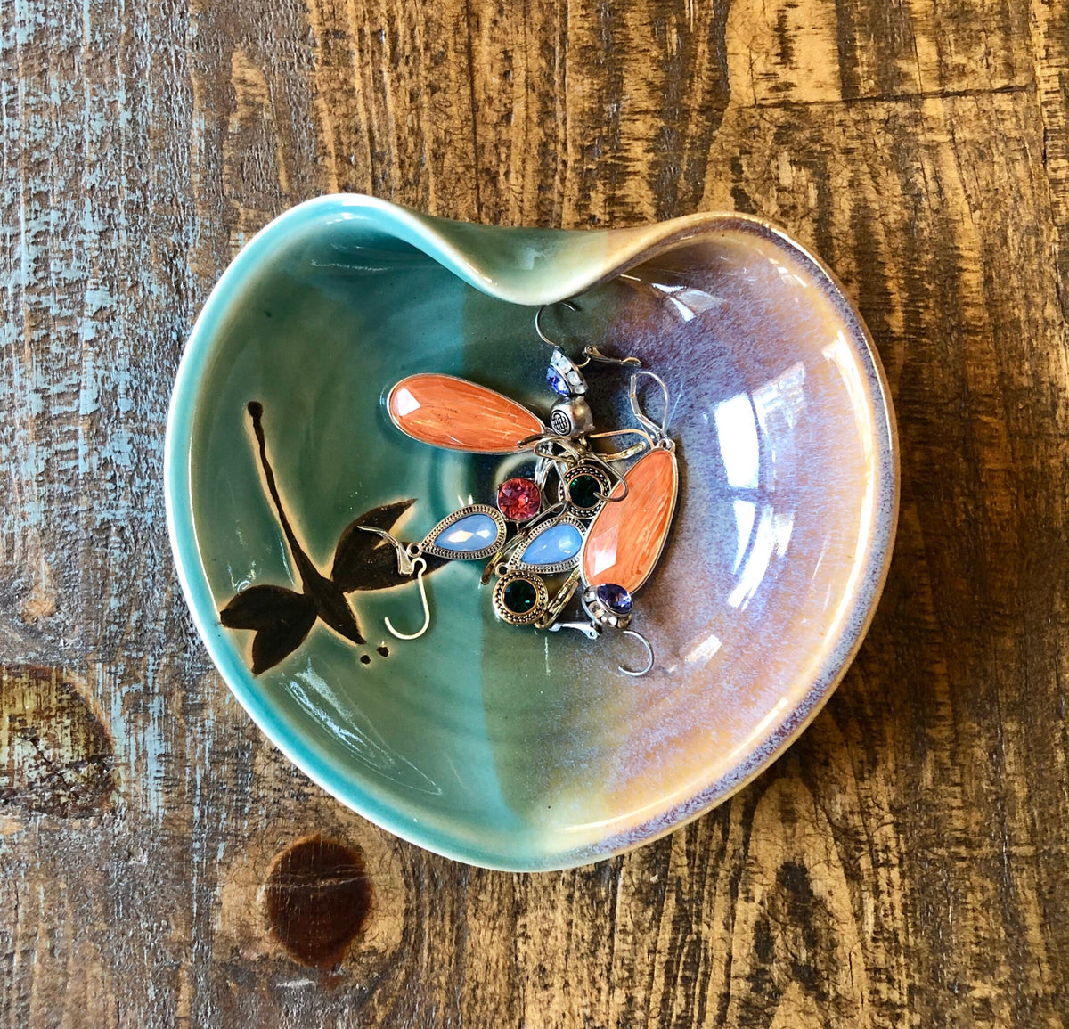 Pottery Dragonfly Heart Bowl: Handmade Teal Jewelry Dish. Made in the USA.