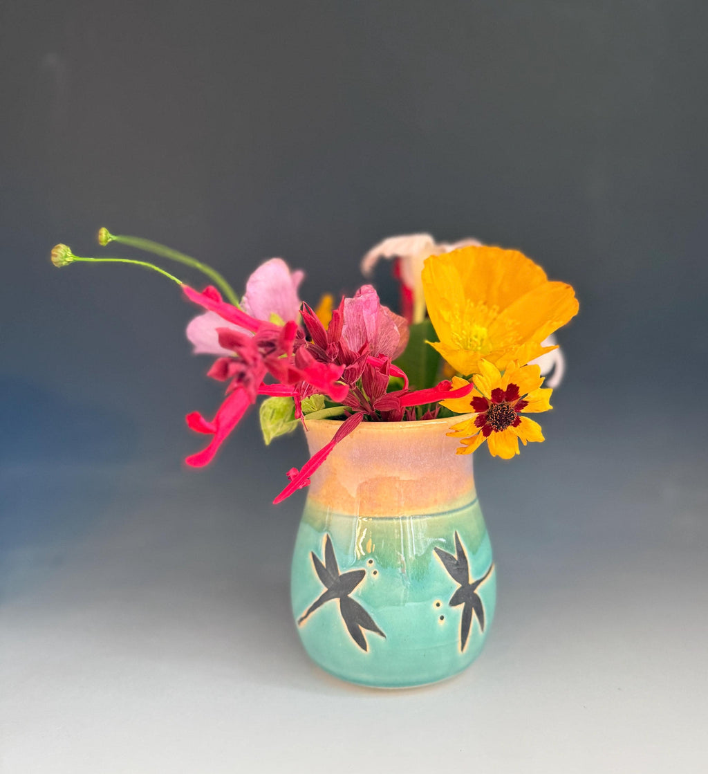 Handmade Dragonfly Pottery Vase: Blue Stoneware Bud Vase. Made In USA.
