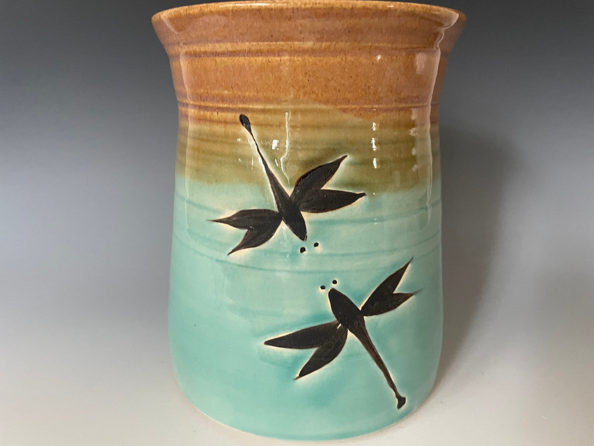 Dragonfly cookie jar 6 inches tall. beige and Turquoise colors .Fast shipping Kitchen container.Spring decor.