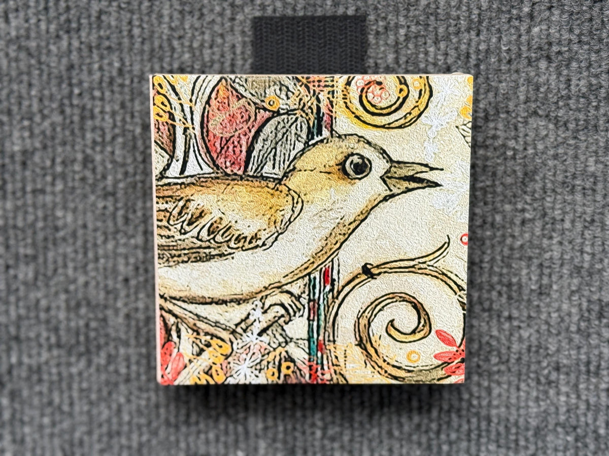 Ready to hang Bird Print. 4 inch x 4 inch bird print on 1/2 inch block ready to hang.