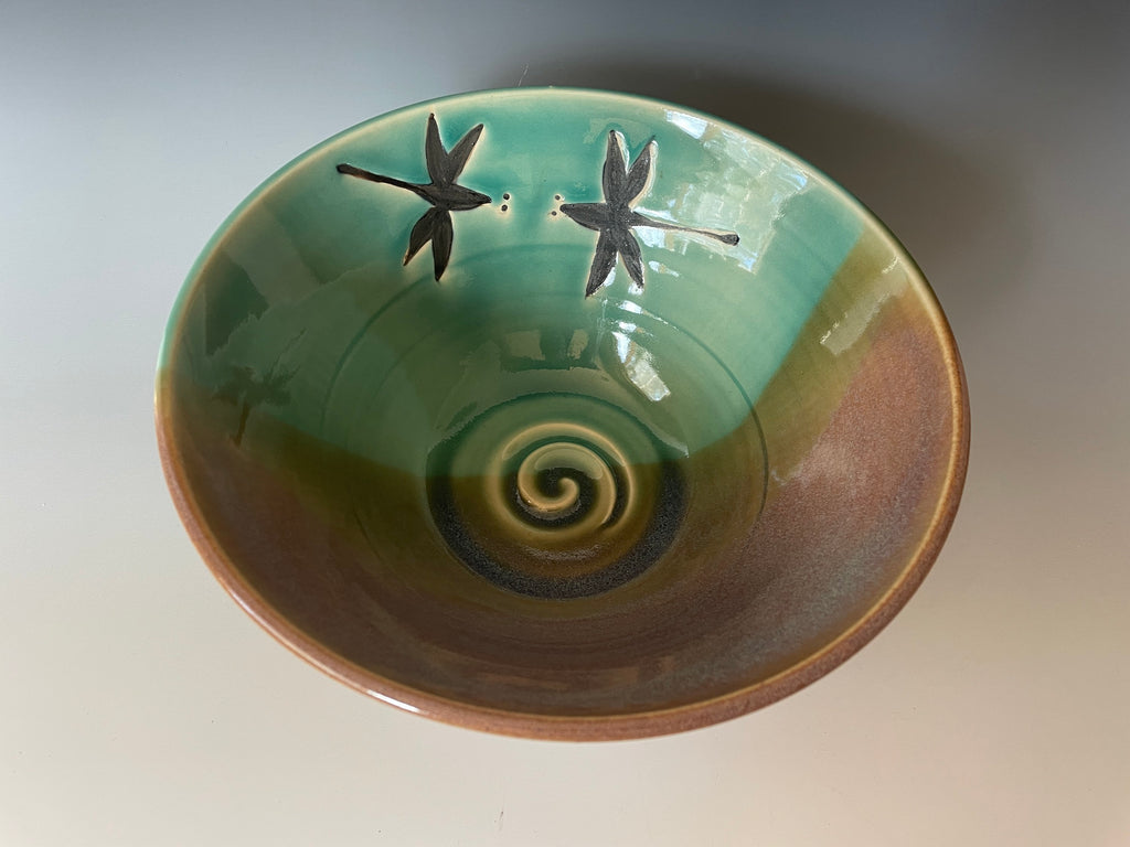 Handmade Ceramic Dragonfly Bowl: Teal Glaze Pottery, 8 inch