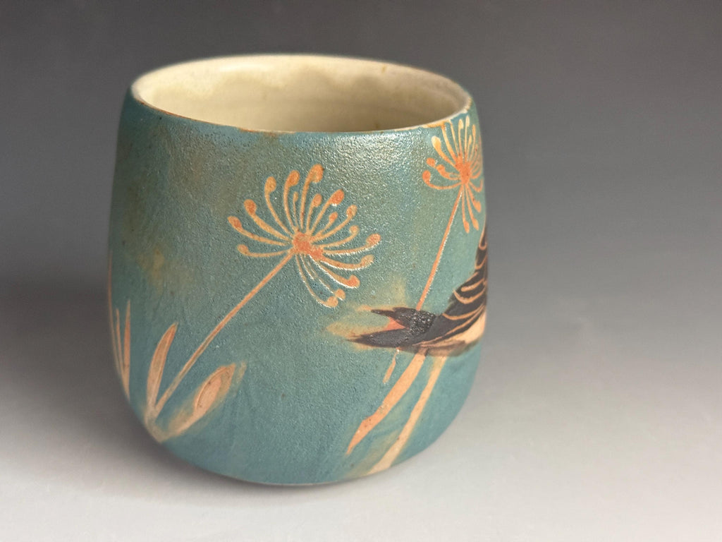 Handmade Pottery Coffee Cup: Bird Design, Soda Fired. Tea bowl, Wine cup. Hand drawn Yunomi.