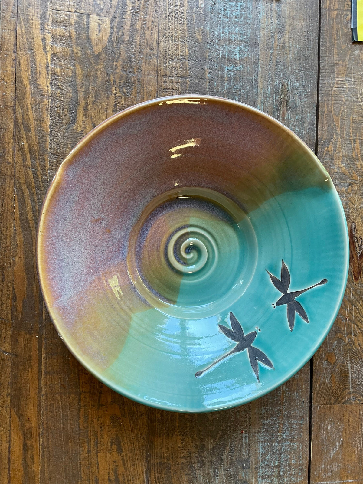 Handmade pottery platter. Dragonfly large ceramic dish. Pottery 12 inch by 2.5 inch fruit bowl.