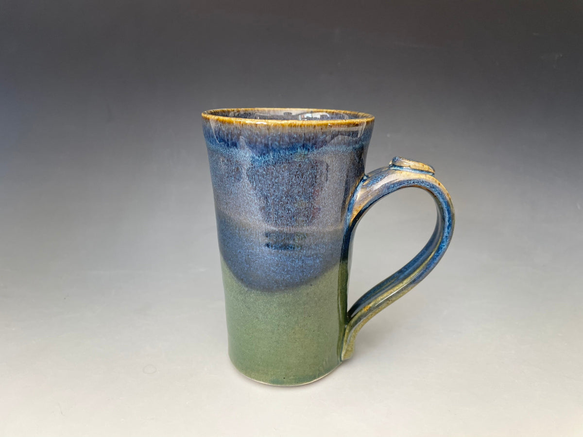Blue pottery mug. Ceramic tea cup with thumb hold. Gift for Dad. Handmade pottery cup.