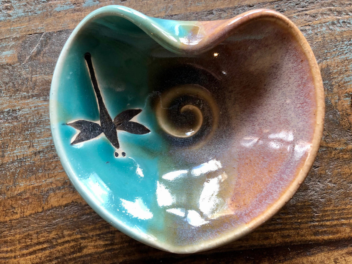 Hand Painted Pottery Dragonfly Heart Dish: Teal Opal Glaze