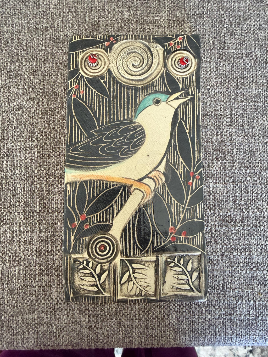 Handmade pottery bird  tile. Hand drawn, sgraffito carved. Ceramic Wall decor. 4 x 8 inch hand painted bird tile. One of a kind wall Art.
