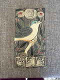 Handmade pottery bird  tile. Hand drawn, sgraffito carved. Ceramic Wall decor. 4 x 8 inch hand painted bird tile. One of a kind wall Art.