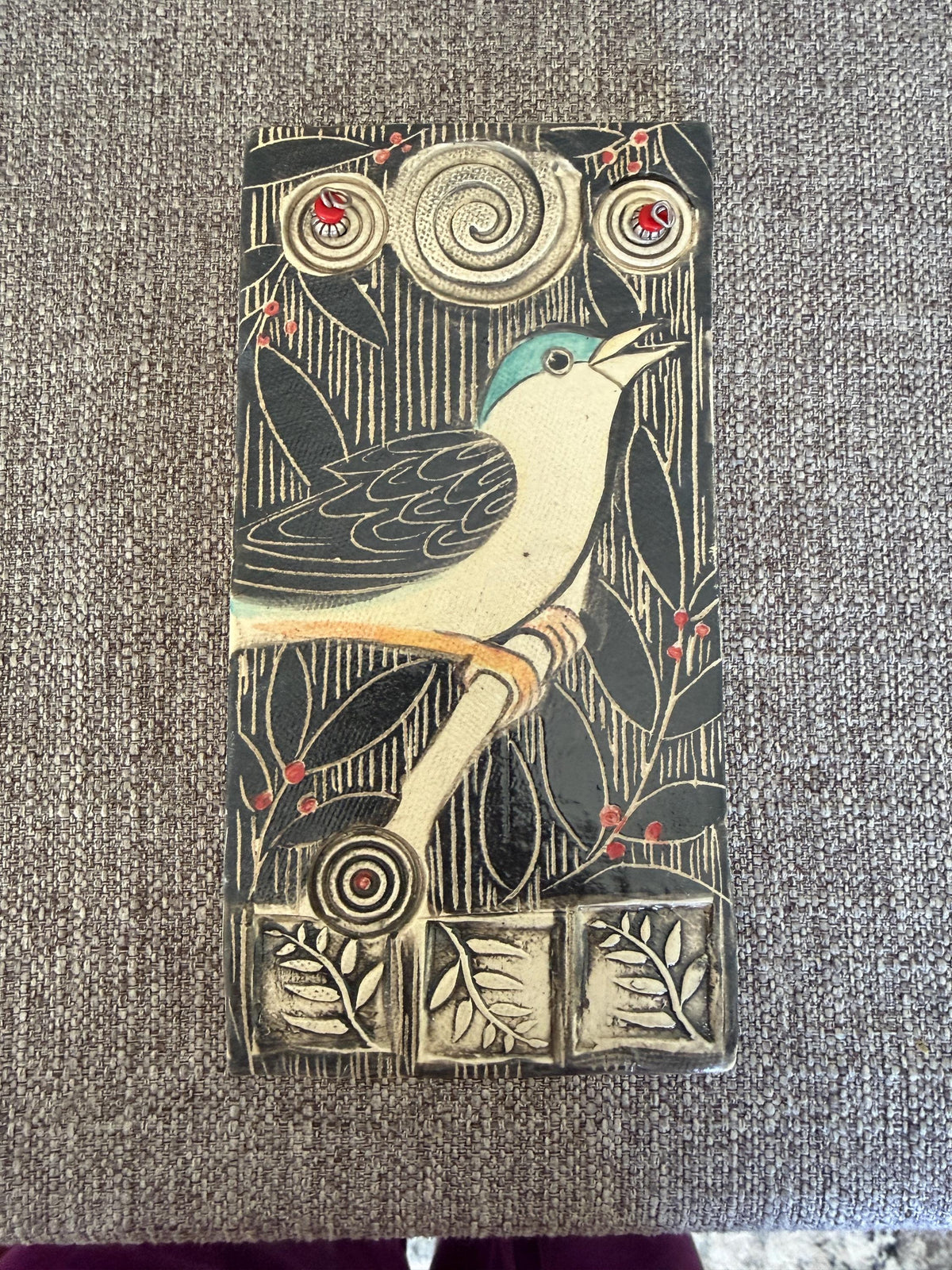 Handmade pottery bird  tile. Hand drawn, sgraffito carved. Ceramic Wall decor. 4 x 8 inch hand painted bird tile. One of a kind wall Art.