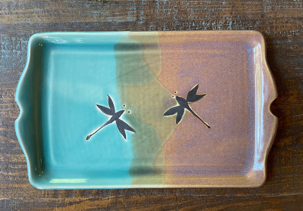 Handmade Teal Dragonfly Pottery Tray: Stoneware Charcuterie Platter. Made in Colorado.