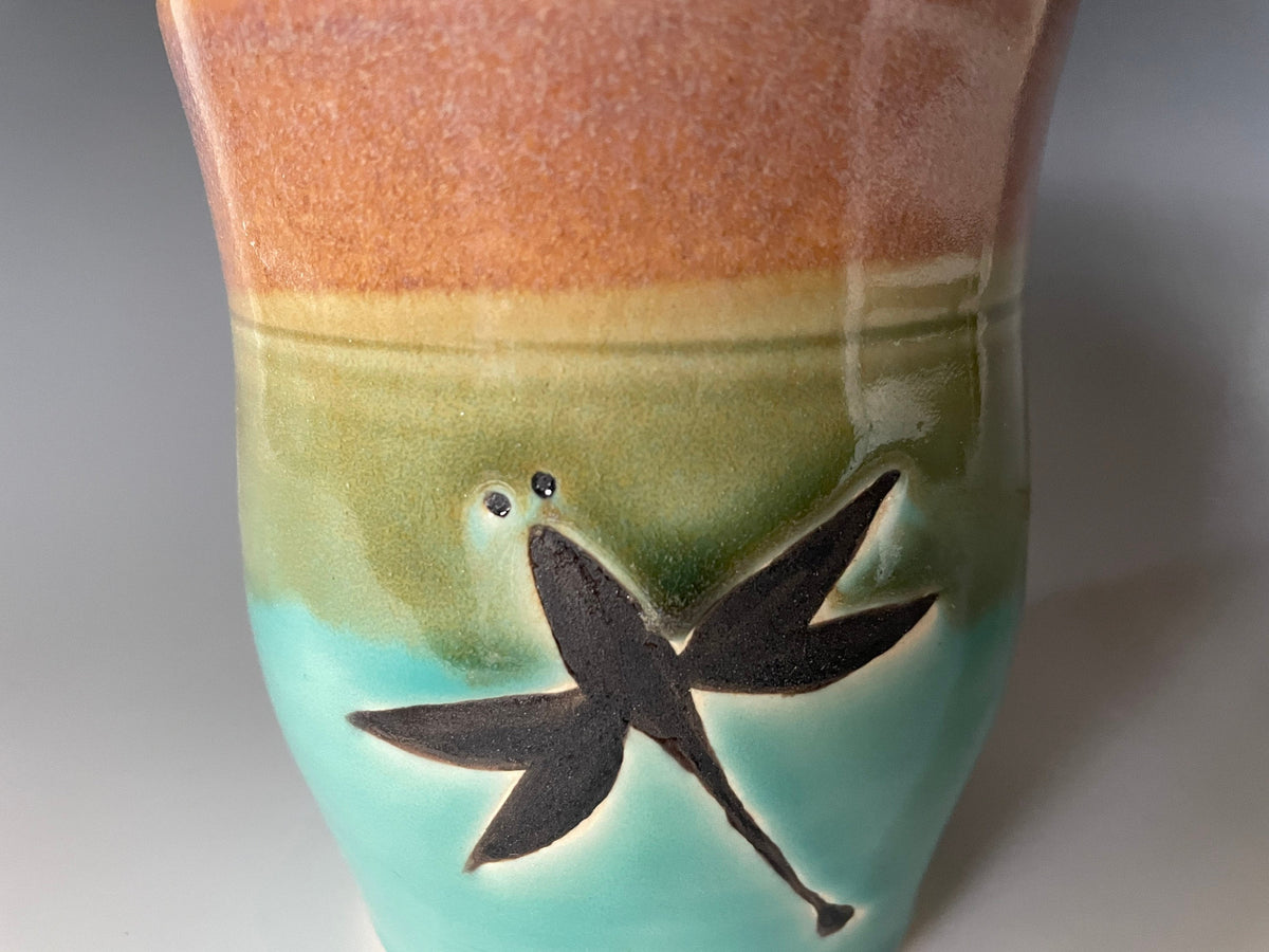 Hand Painted Pottery Dragonfly Vase, Teal Opal Glaze. Utensil jar. tool caddy. 6.5 inches tall