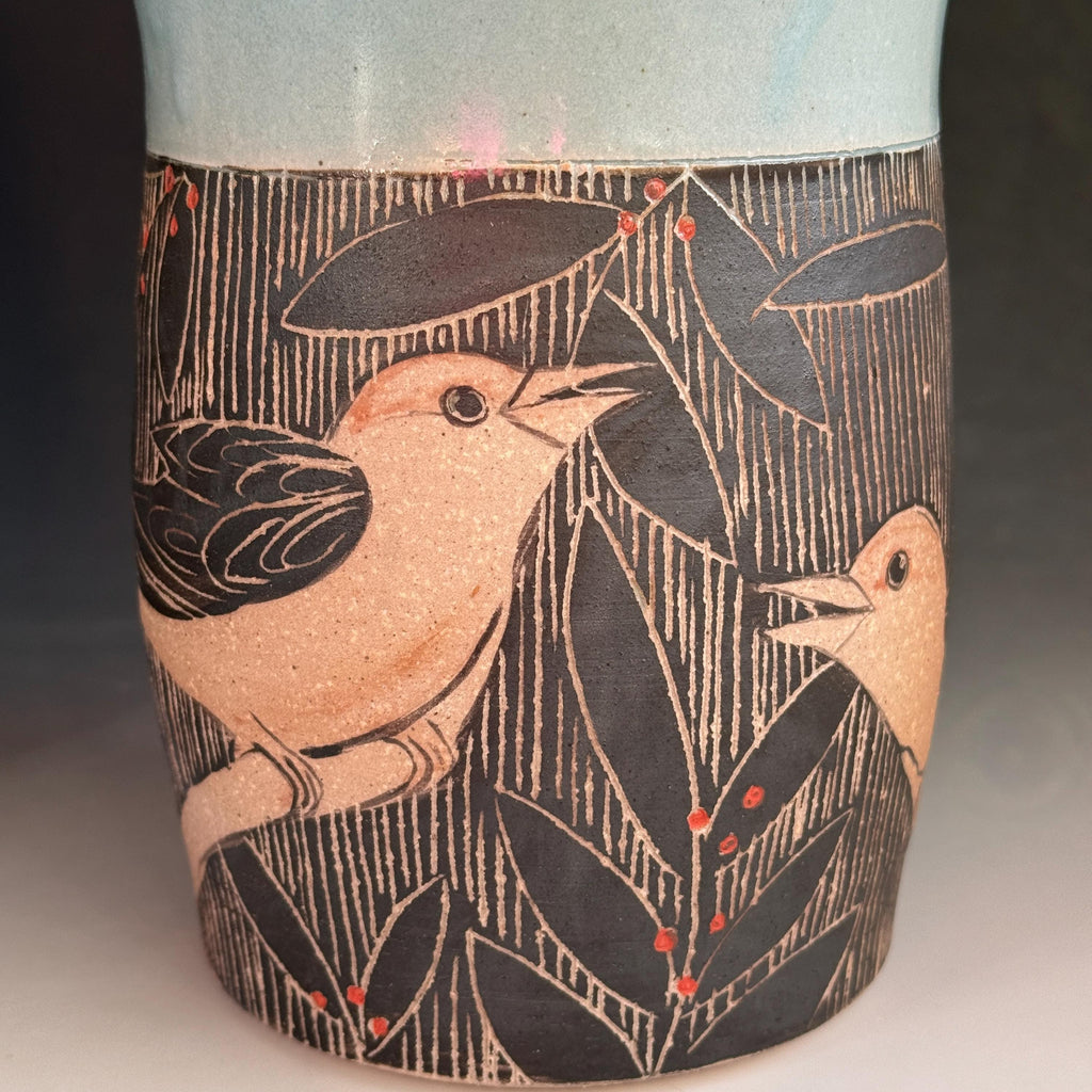 Handmade Sgraffito Bird Pottery Vase: Stoneware Spoon Jar, Hand painted Vase. Colorado Artist.