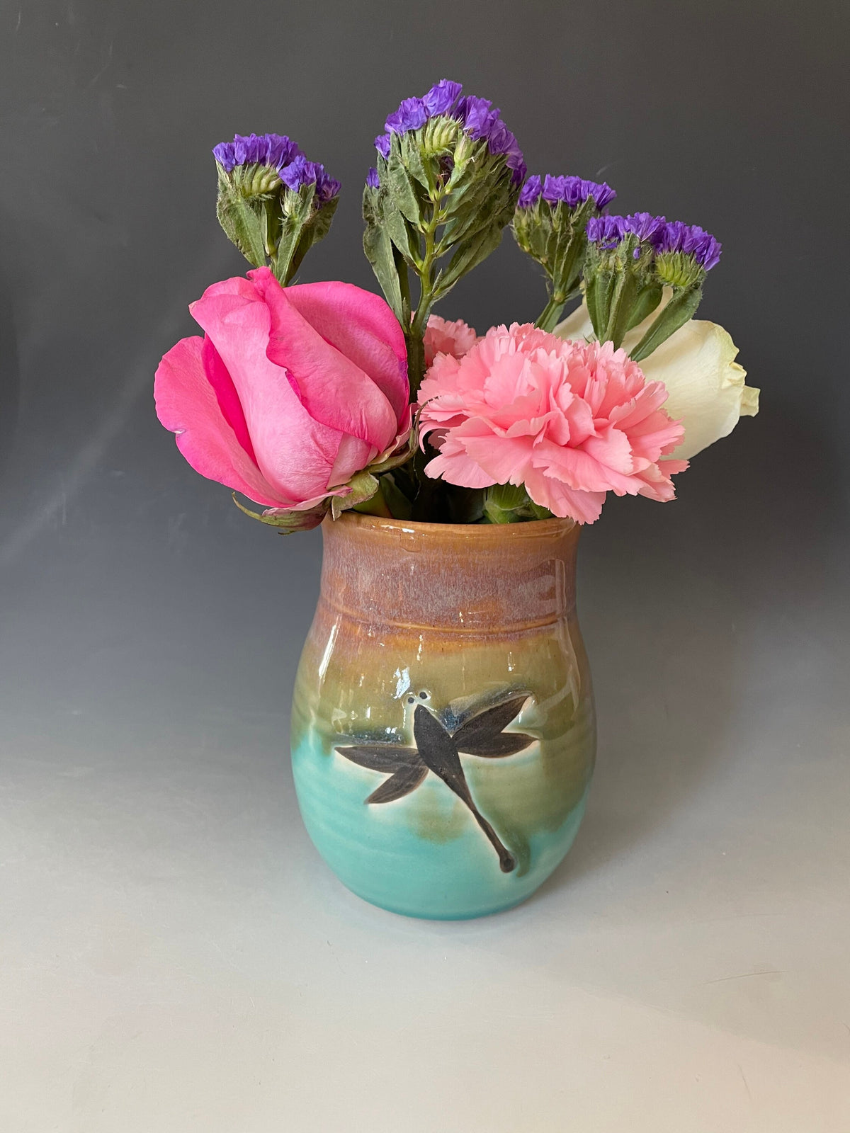 Handmade pottery vase for Mother's Day gift. 5 inch Dragonfly Art Deco Vase.
