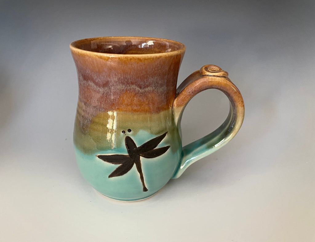 Handmade Dragonfly Mug: Hand-Painted Stoneware Coffee Cup. 12 ounce pottery coffee cup