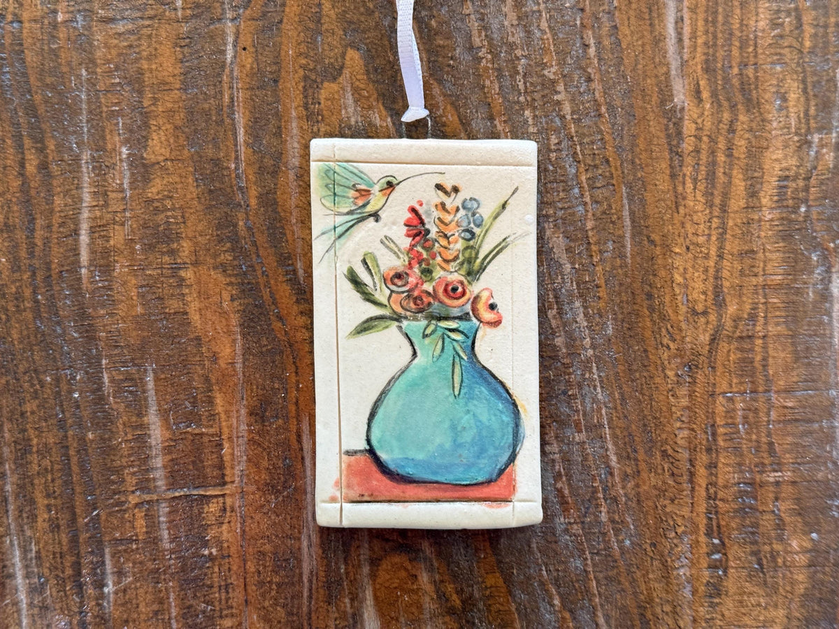 Hand Painted Ceramic Tile: Hummingbird Floral Art. Small ceramic tile. Humming bird and floral still life.
