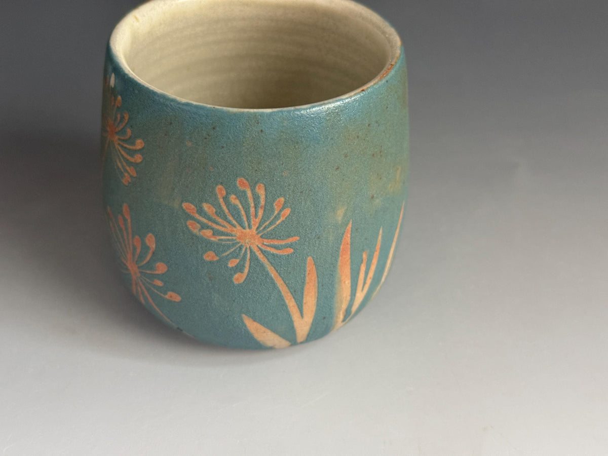 Handmade Pottery Coffee Cup: Bird Design, Soda Fired. Tea bowl, Wine cup. Hand drawn Yunomi.