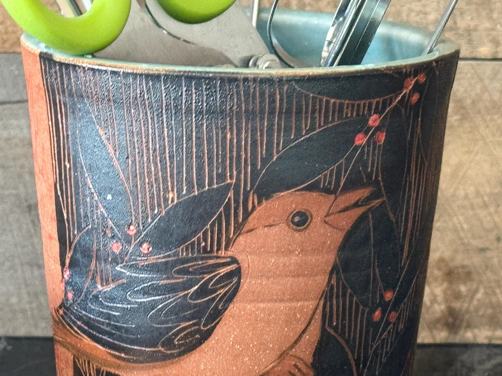 Handmade pottery tool caddy. Pottery bird vase. Ceramic bird vase. 6 inch kitchen crock.