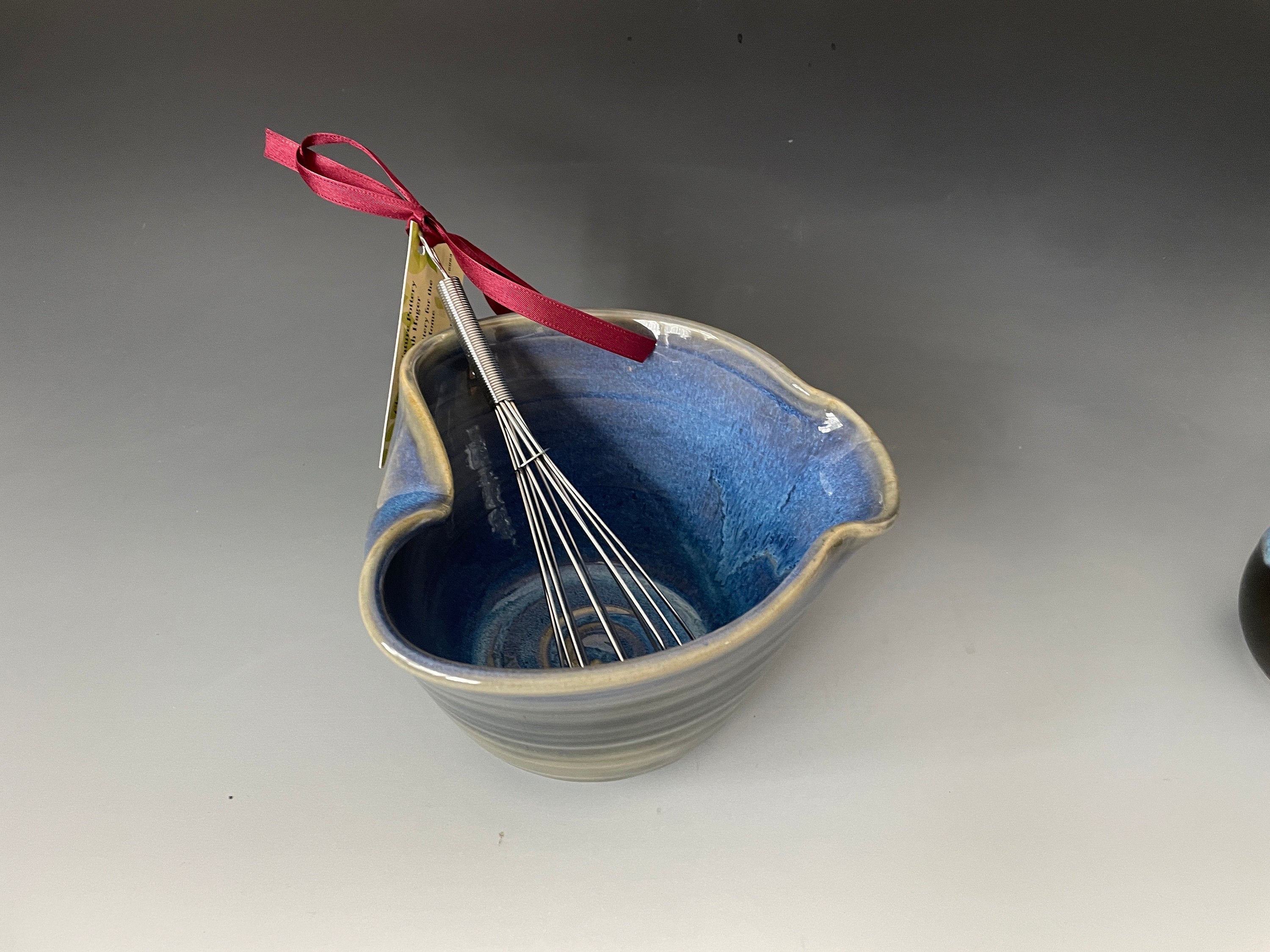 Blue Pottery Mixing Bowl with Whisk: Handmade Ceramic Batter Bowl