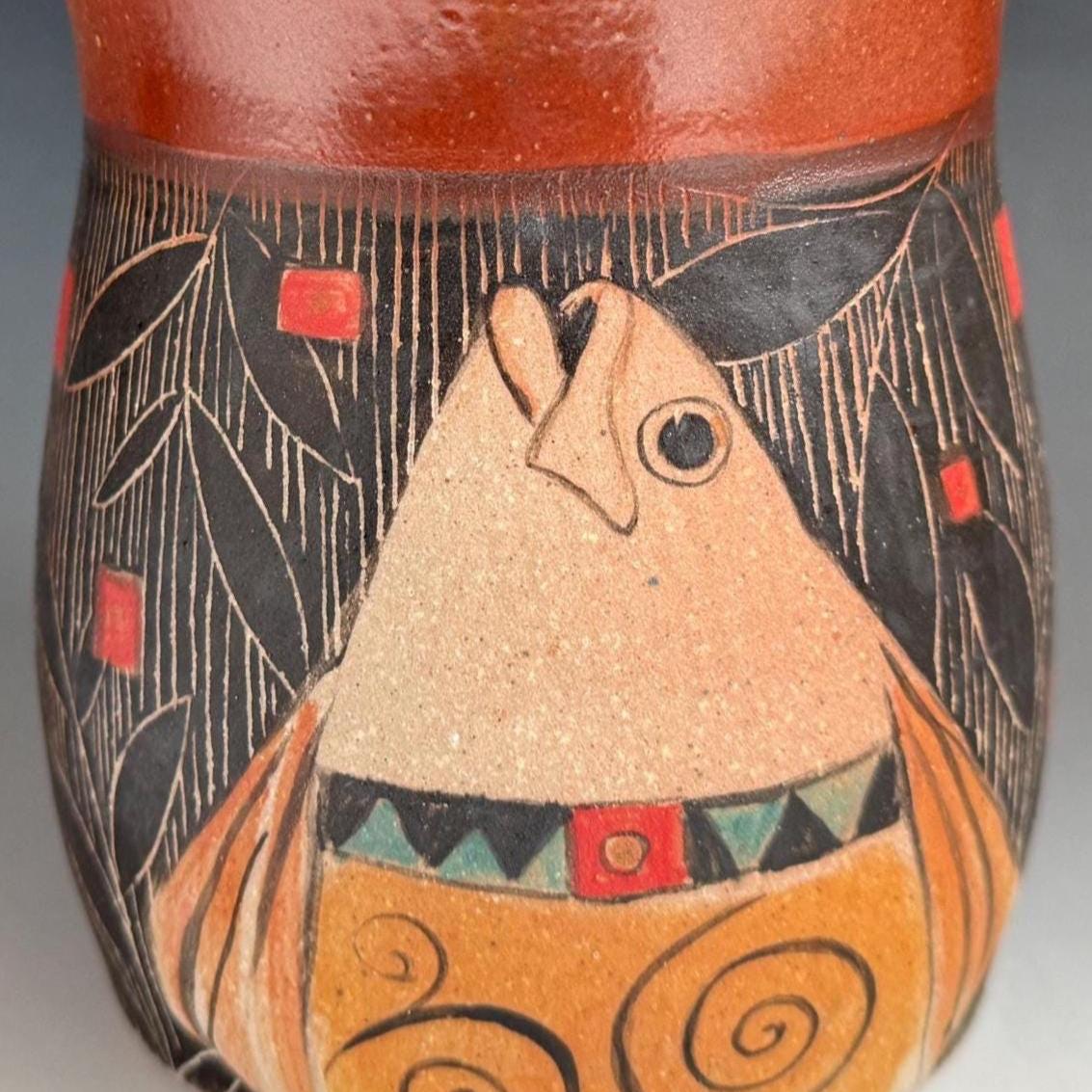 Art Nouveau Fish Vase, Hand-Painted Sgraffito Soda Fired Pottery