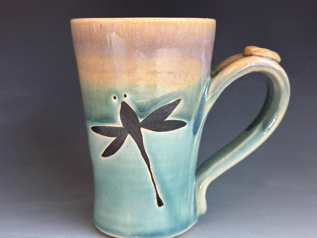 Dragonfly coffee cup, handmade pottery mug.Free fast shipping Mother's Day Gift.
