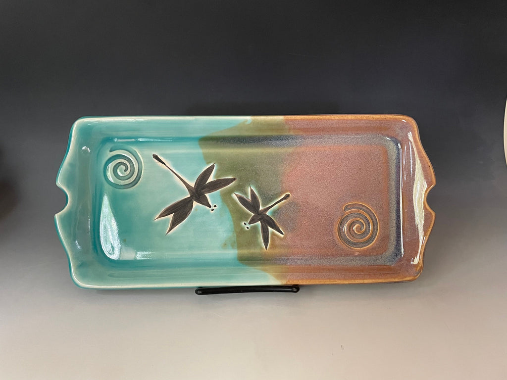 Dragonfly Pottery Charcuterie Tray: Teal Opal Glaze, Stoneware Serving Dish