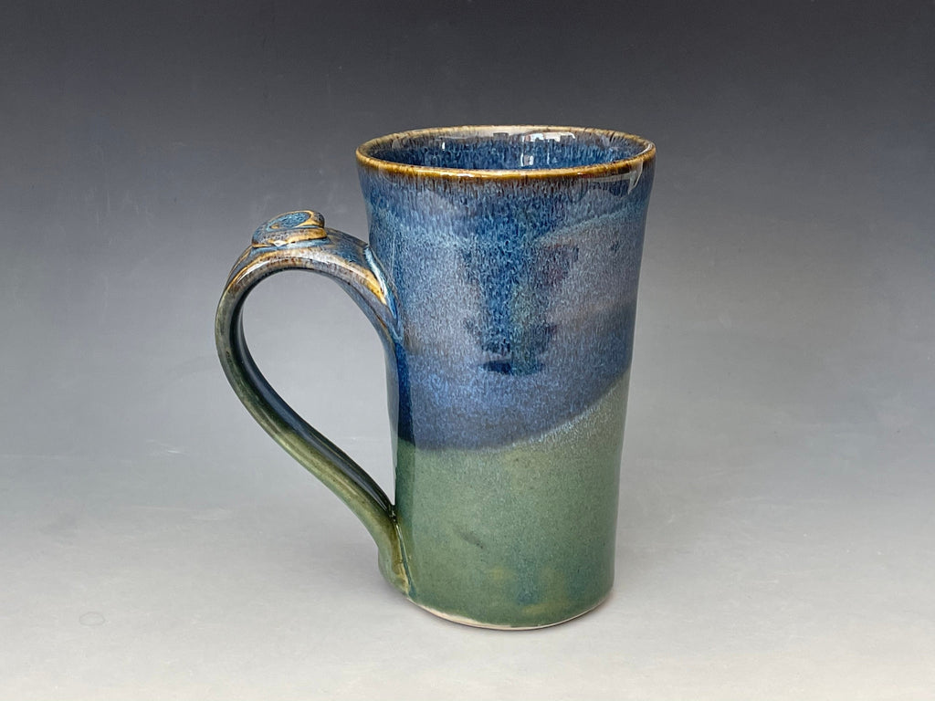 Blue pottery mug. Ceramic tea cup with thumb hold. Gift for Dad. Handmade pottery cup.