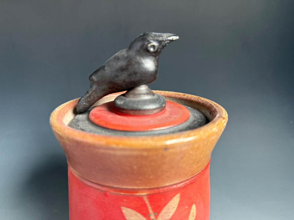Pottery decorative Jar. Ceramic Art Deco bird storage container. Tea storage jar.