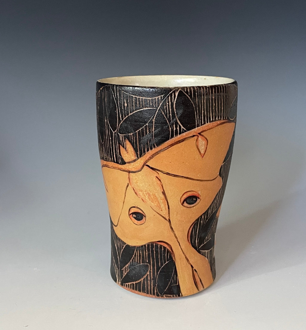 Handmade Pottery Luna Moth tumbler. Free fast, Shipping. Hand Painted Luna Cup. Petite pottery Valentine vase.