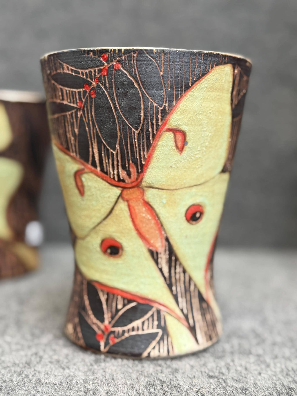 Handmade Pottery Luna Moth tumbler. Free fast, Shipping. Hand Painted Luna Cup. Petite pottery Valentine vase.