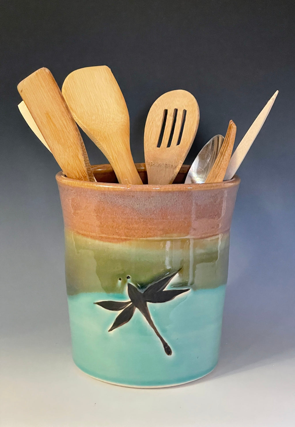 Handmade Pottery Dragonfly Vase: Teal Kitchen Crock, Colorado Art. Ceramic utensil jar.