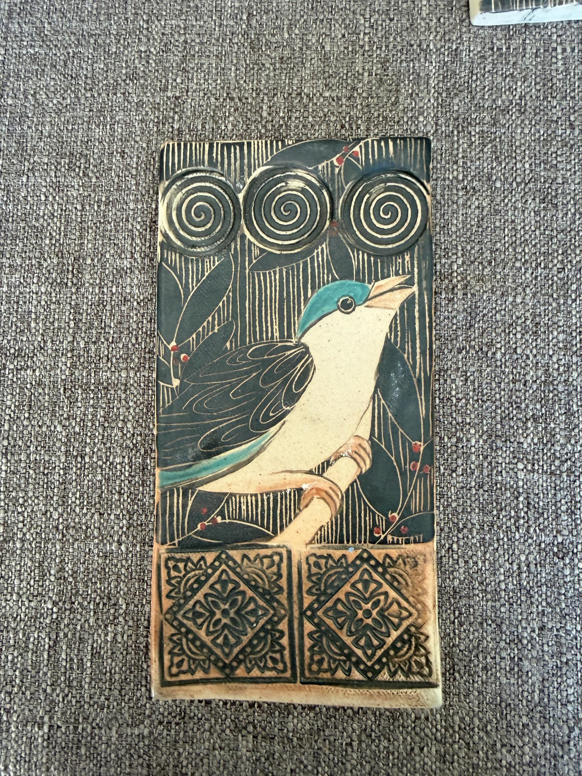 Handmade pottery bird  tile. Hand drawn, sgraffito carved. Ceramic Wall decor. 4 x 8 inch hand painted bird tile. One of a kind wall Art.
