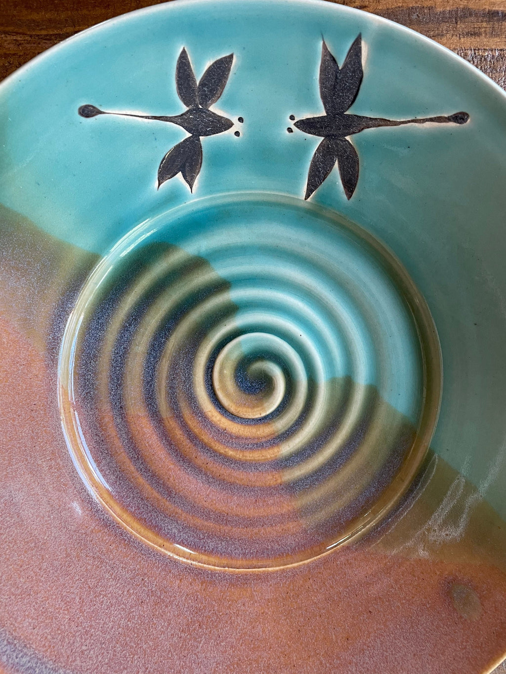 Handmade pottery platter. Dragonfly large ceramic dish. Pottery 12 inch by 2.5 inch fruit bowl.