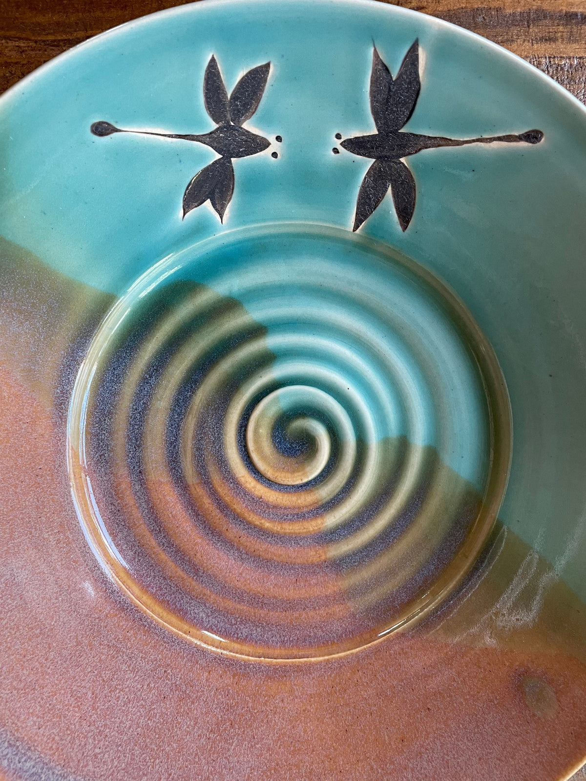 Handmade pottery platter. Dragonfly large ceramic dish. Pottery 12 inch by 2.5 inch fruit bowl.