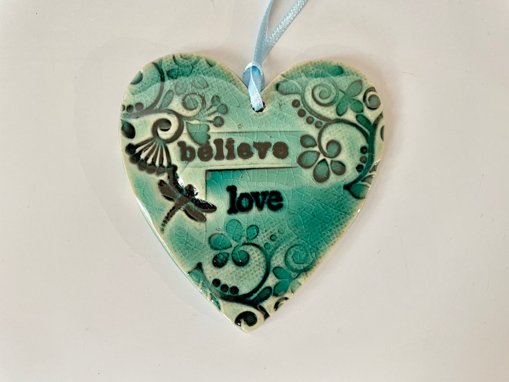Handmade Pottery Ornament, Heart Wall Hanging. Turquoise wall hanging. Valentine gift.