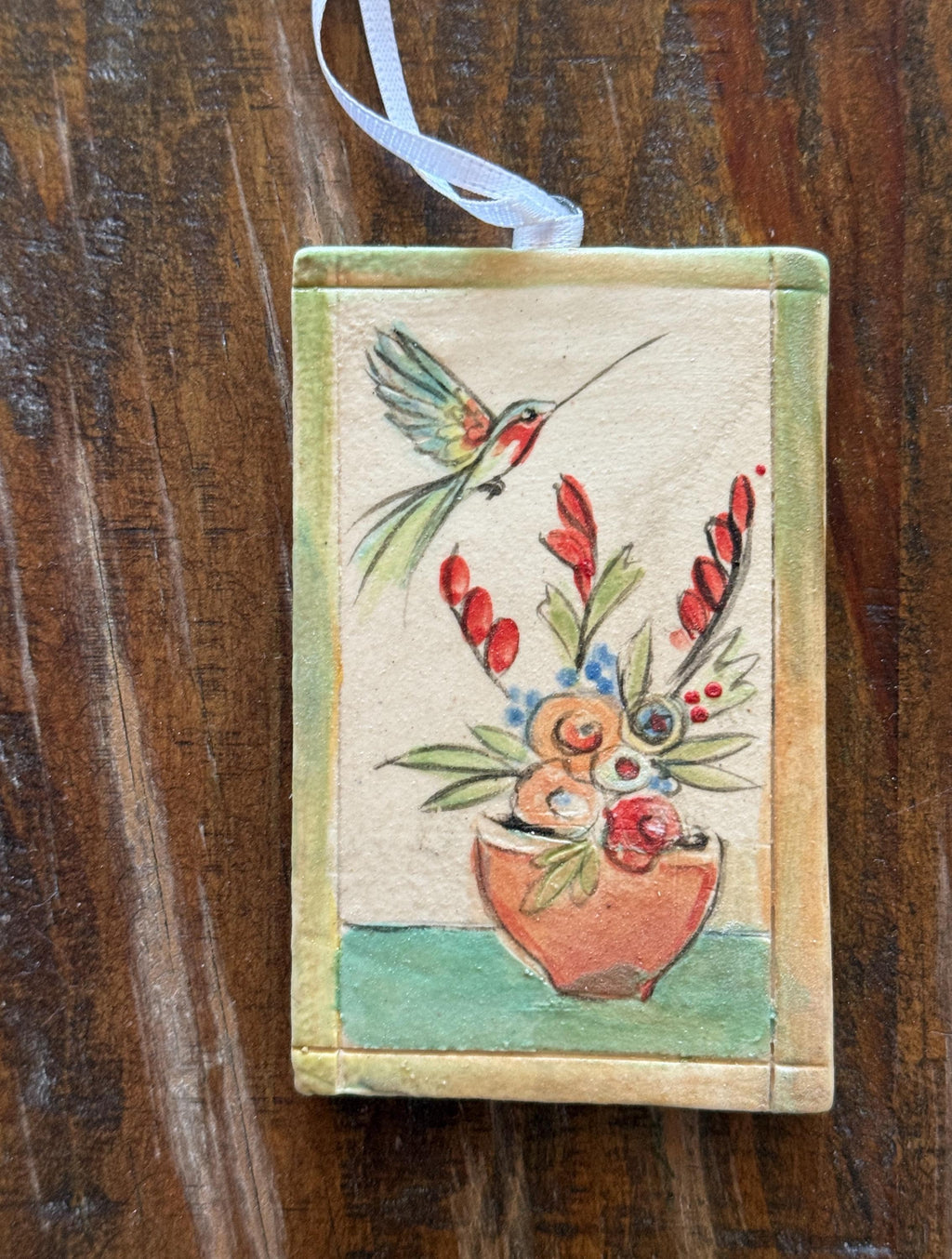 Hand Painted Ceramic Tile: Hummingbird Floral Art. Small ceramic tile. Humming bird and floral still life.