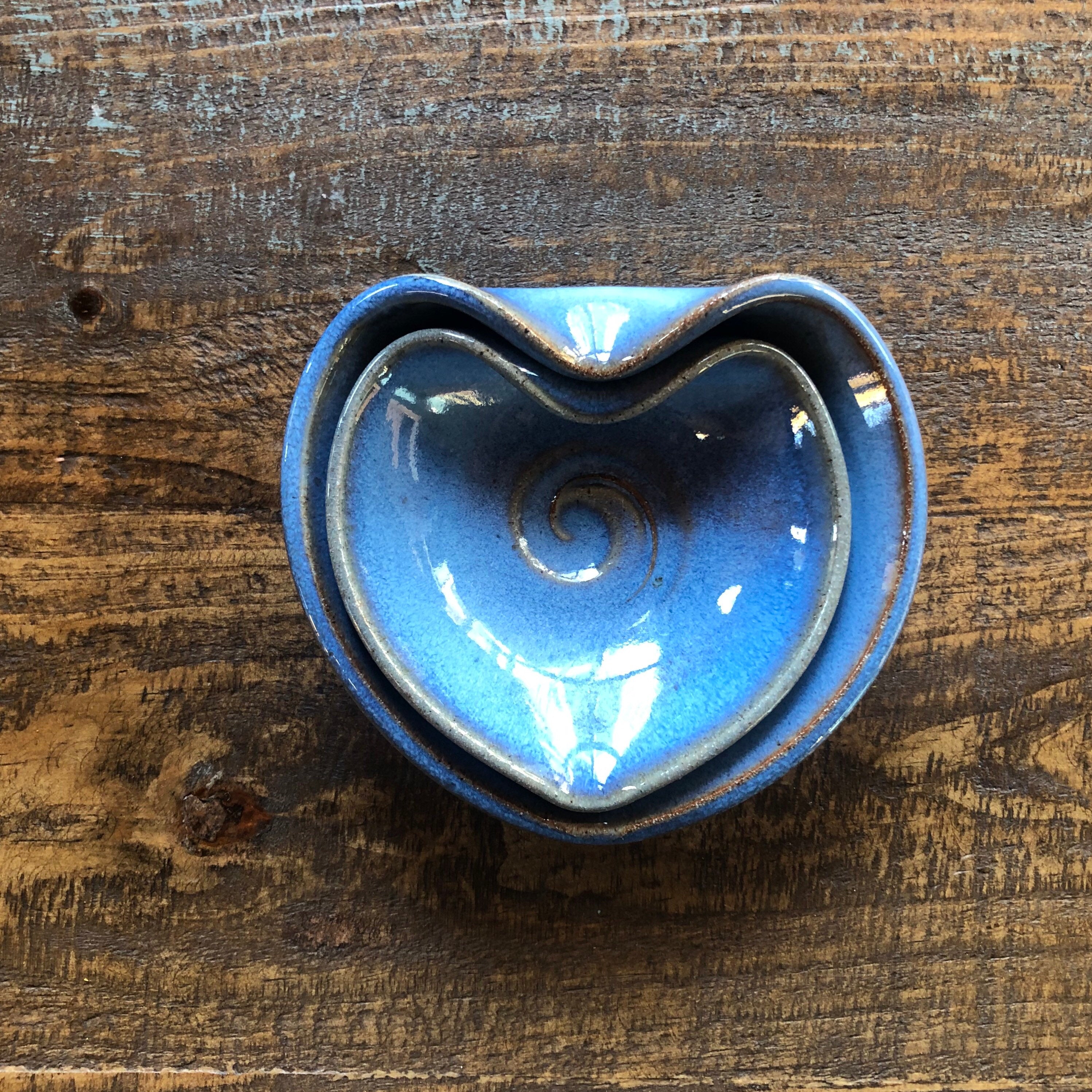 Blue Pottery Heart Nesting Bowls: Handmade Ceramic Set. Wedding gift. valentine gift