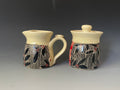 Pottery Cream and Sugar Set, Leaf design kitchen decor. black white and Red Breakfast Set, Handmade Pottery Kitchen Set.