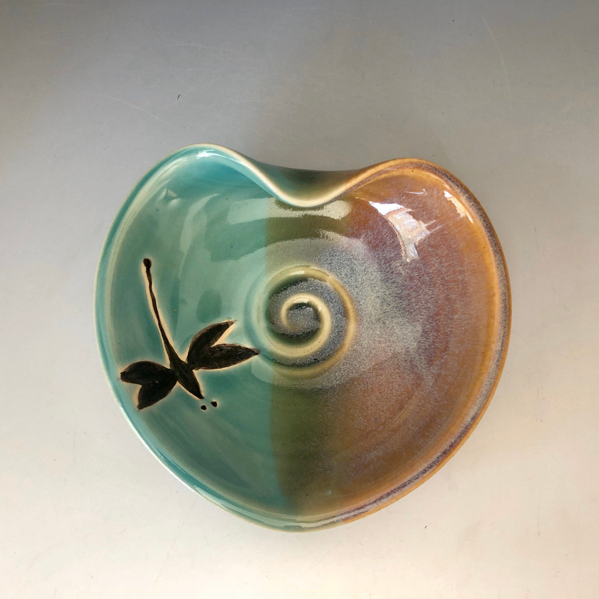 Pottery Dragonfly Heart Bowl: Handmade Teal Jewelry Dish. Made in the USA.