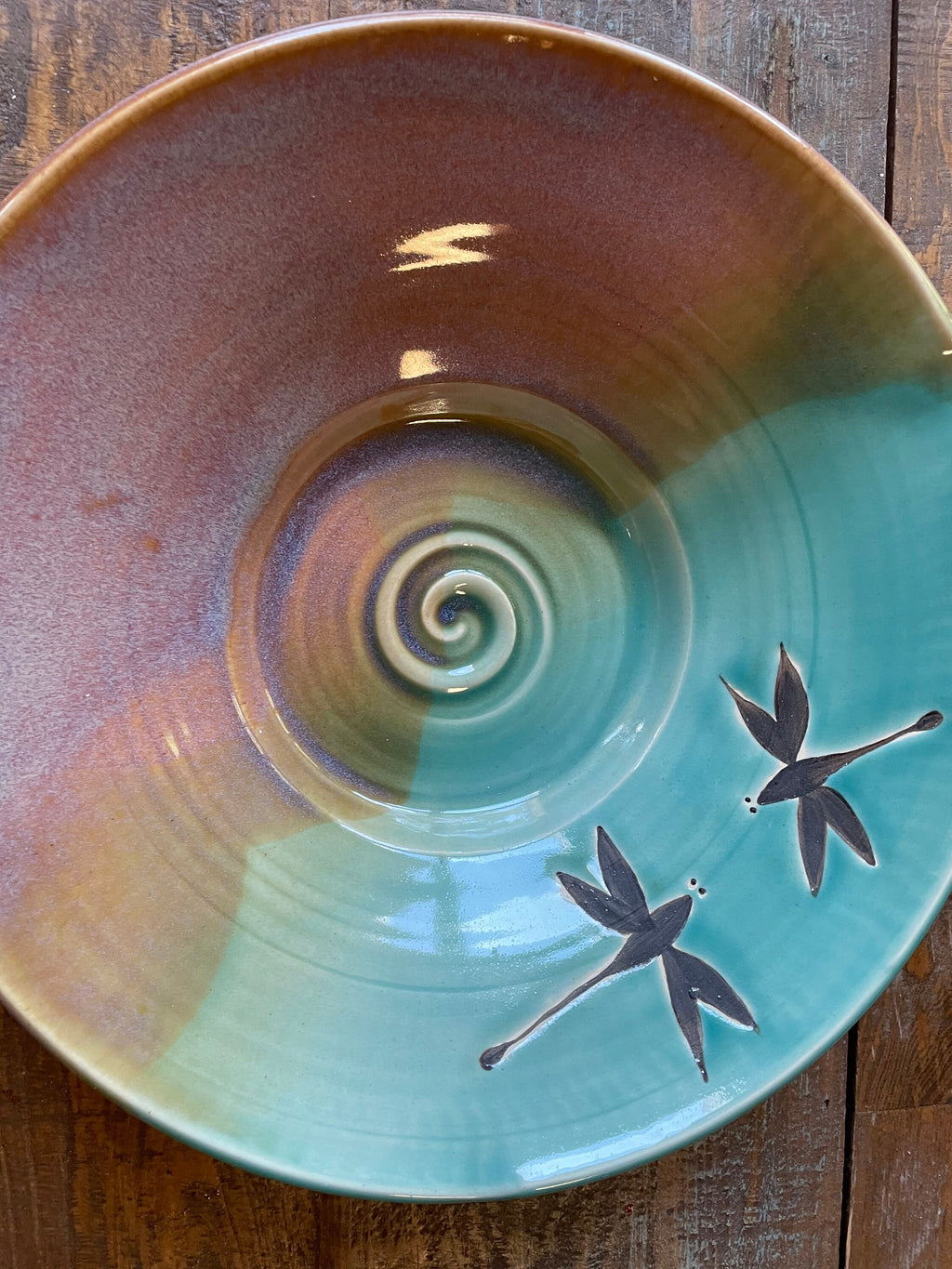 Handmade pottery platter. Dragonfly large ceramic dish. Pottery 12 inch by 2.5 inch fruit bowl.