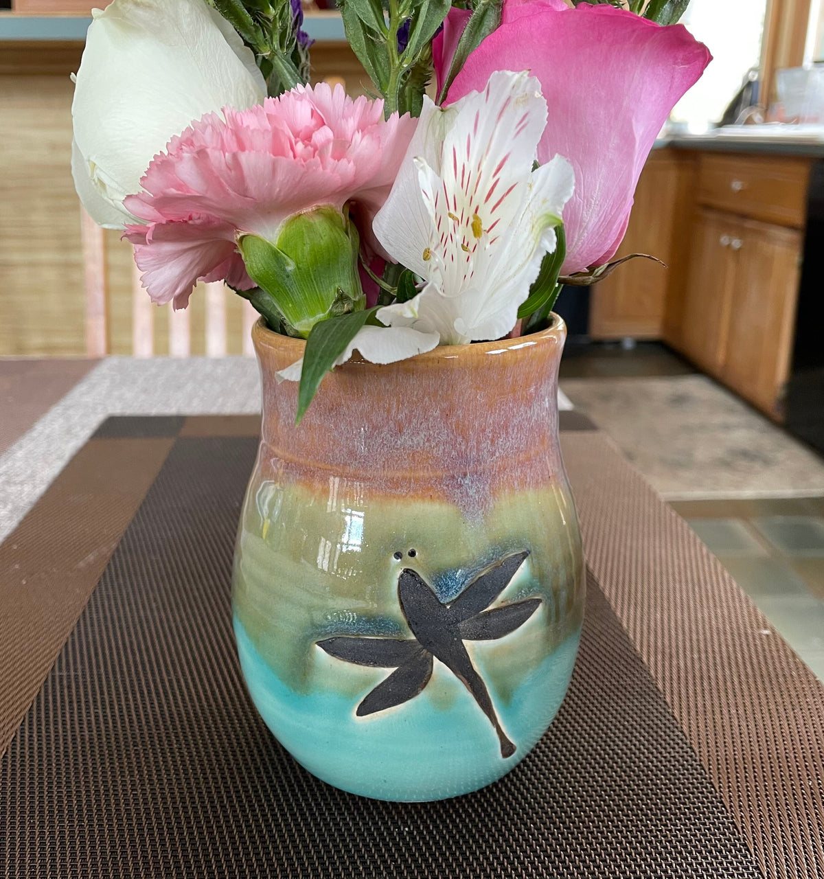 Handmade pottery vase for Mother's Day gift. 5 inch Dragonfly Art Deco Vase.