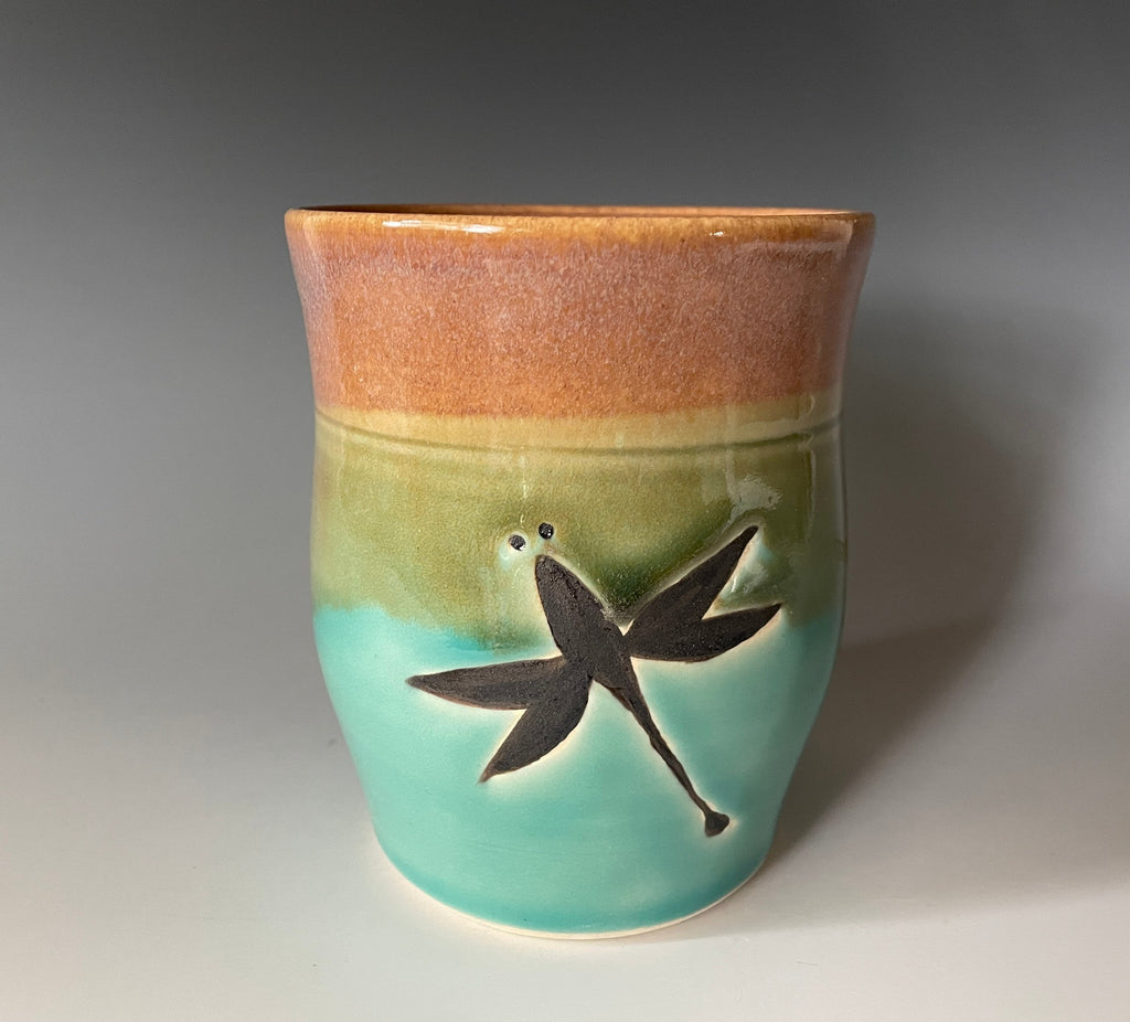 Hand Painted Pottery Dragonfly Vase, Teal Opal Glaze. Utensil jar. tool caddy. 6.5 inches tall