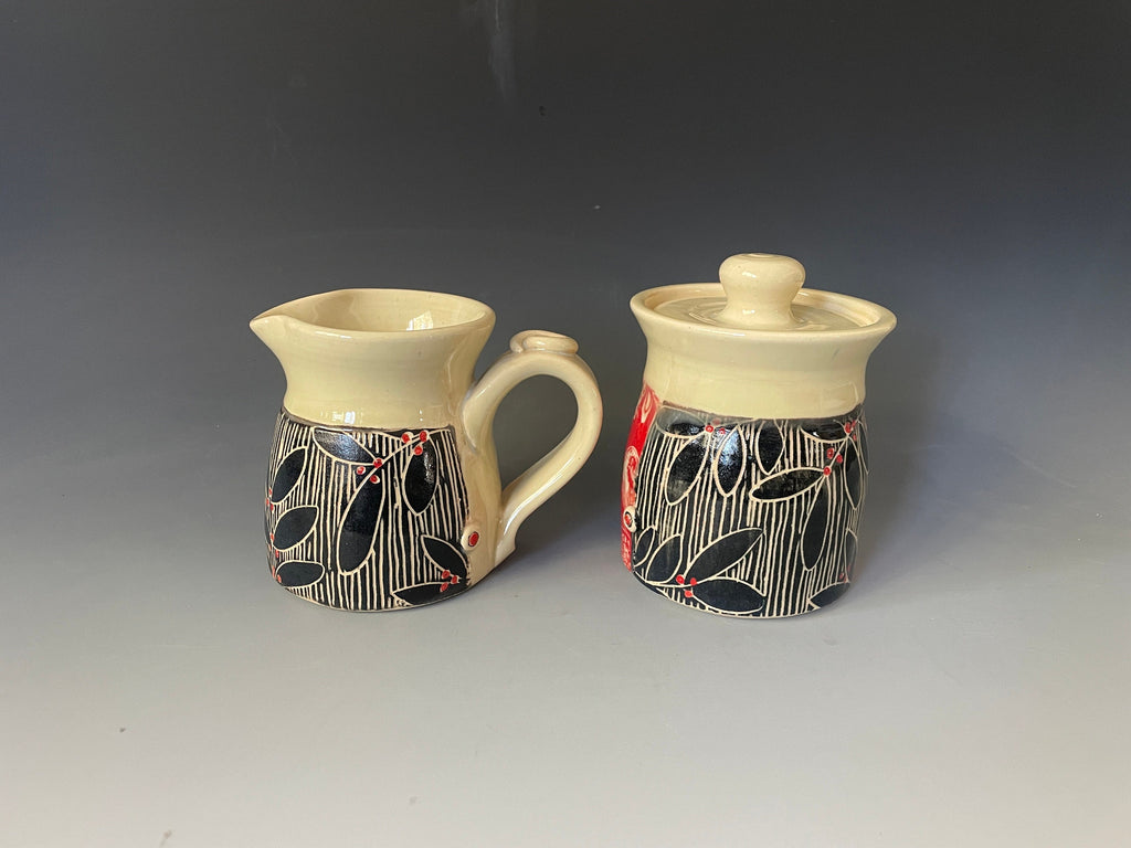 Pottery Cream and Sugar Set, Leaf design kitchen decor. black white and Red Breakfast Set, Handmade Pottery Kitchen Set.