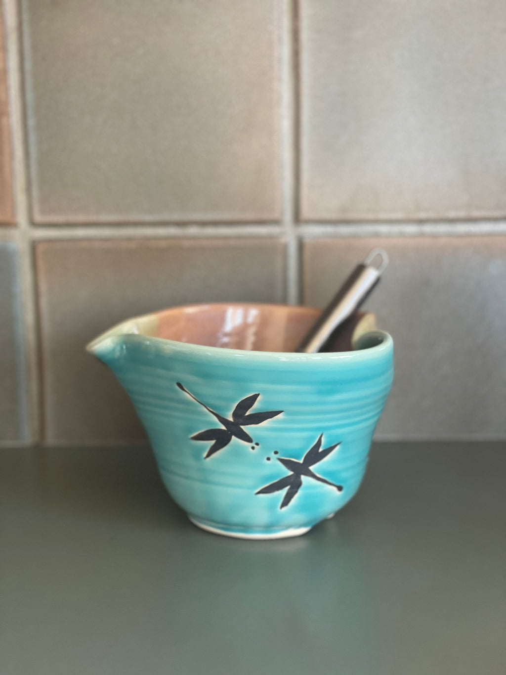Handmade Pottery Dragonfly Mixing Bowl with whisk.Ergonomic Pottery Batter Bowl, Chef Gift. Pancake Bowl. Egg bowl. Gift for Mom.