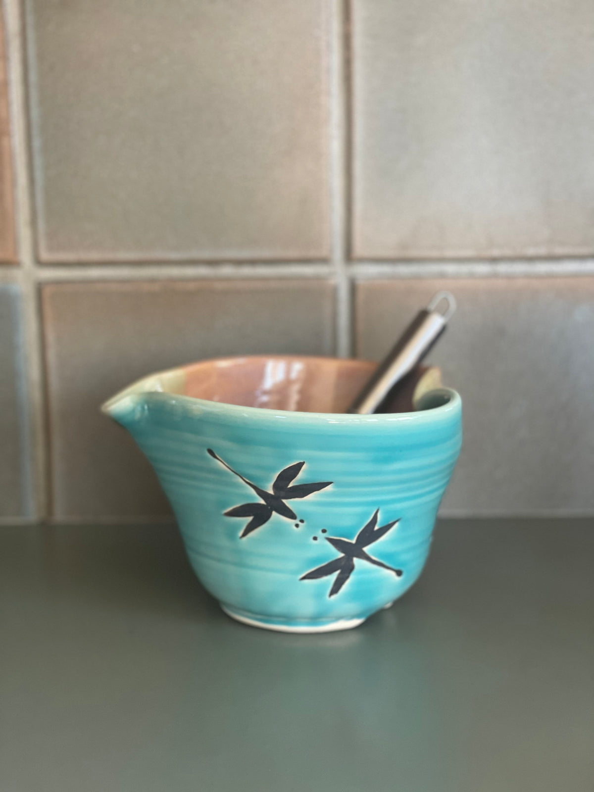 Handmade Pottery Dragonfly Mixing Bowl with whisk.Ergonomic Pottery Batter Bowl, Chef Gift. Pancake Bowl. Egg bowl. Gift for Mom.